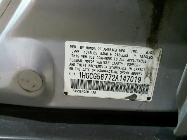 1HGCG56772A147019 - 2002 HONDA ACCORD SE SILVER photo 10