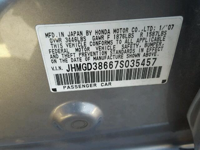 JHMGD38667S035457 - 2007 HONDA FIT S GRAY photo 10