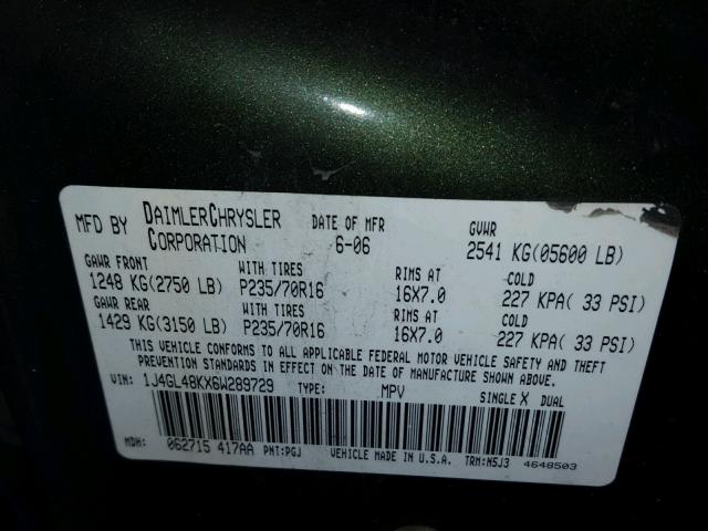 1J4GL48KX6W289729 - 2006 JEEP LIBERTY SP GREEN photo 10