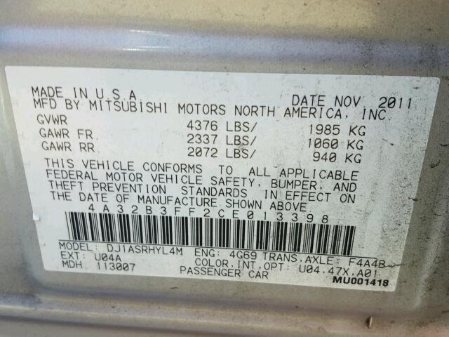 4A32B3FF2CE013398 - 2012 MITSUBISHI GALANT ES SILVER photo 10