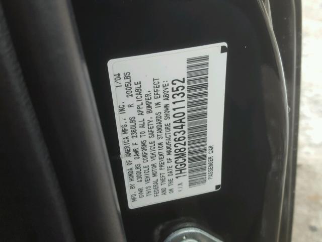 1HGCM82634A011352 - 2004 HONDA ACCORD EX BLACK photo 10