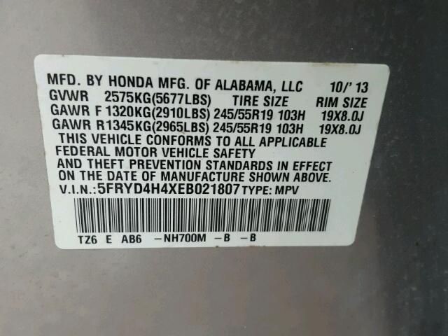 5FRYD4H4XEB021807 - 2014 ACURA MDX TECHNO SILVER photo 10