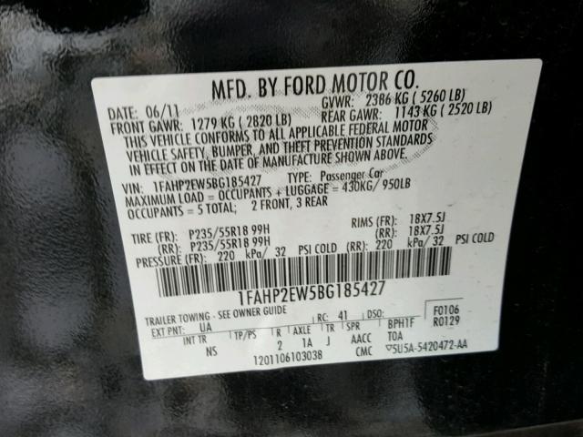 1FAHP2EW5BG185427 - 2011 FORD TAURUS SEL BLACK photo 10