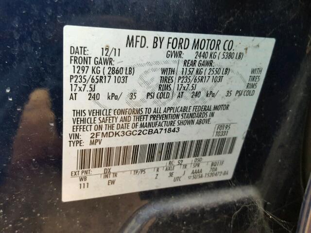 2FMDK3GC2CBA71843 - 2012 FORD EDGE SE BLUE photo 10