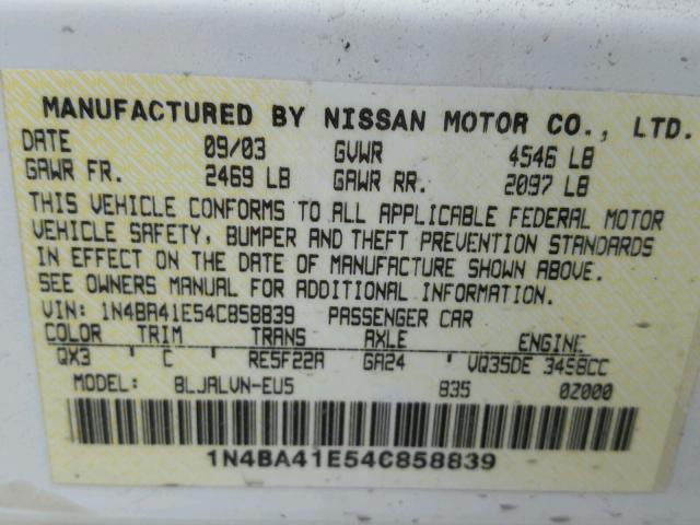 1N4BA41E54C858839 - 2004 NISSAN MAXIMA SE WHITE photo 10