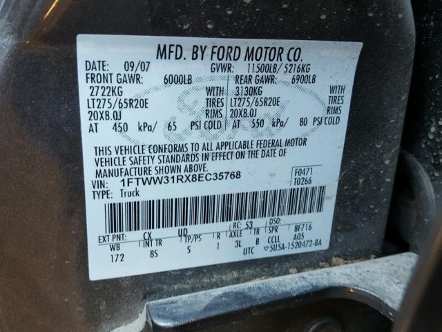 1FTWW31RX8EC35768 - 2008 FORD F350 SRW S GRAY photo 10