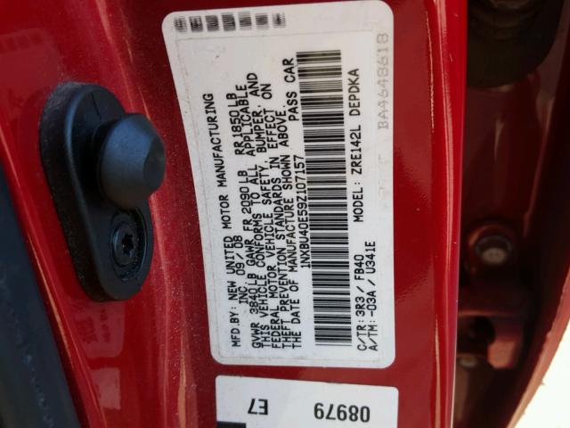 1NXBU40E59Z107157 - 2009 TOYOTA COROLLA BA RED photo 10