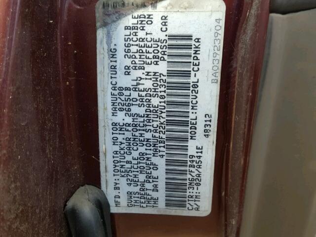 4T1BF22K7YU101327 - 2000 TOYOTA CAMRY LE 红色 照片 10
