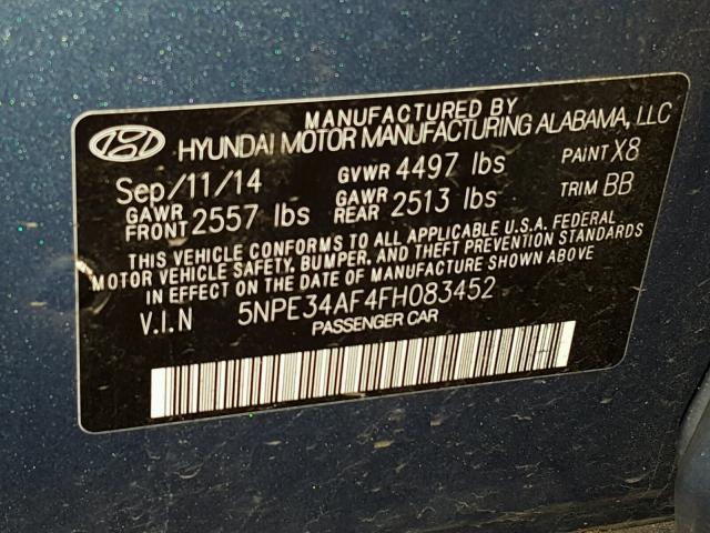 5NPE34AF4FH083452 - 2015 HYUNDAI SONATA SPO BLUE photo 10