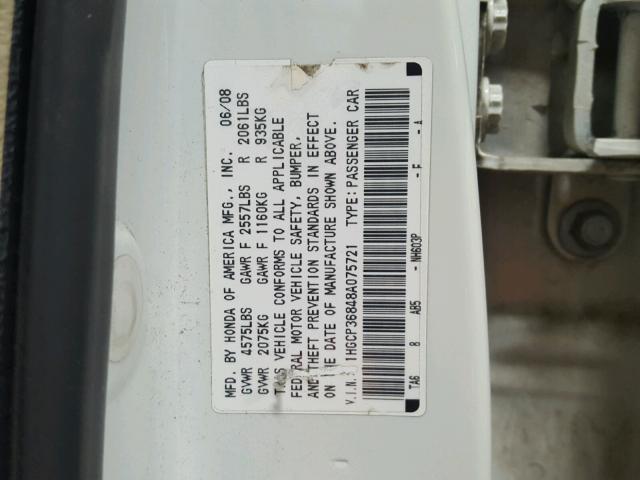 1HGCP36848A075721 - 2008 HONDA ACCORD EXL WHITE photo 10