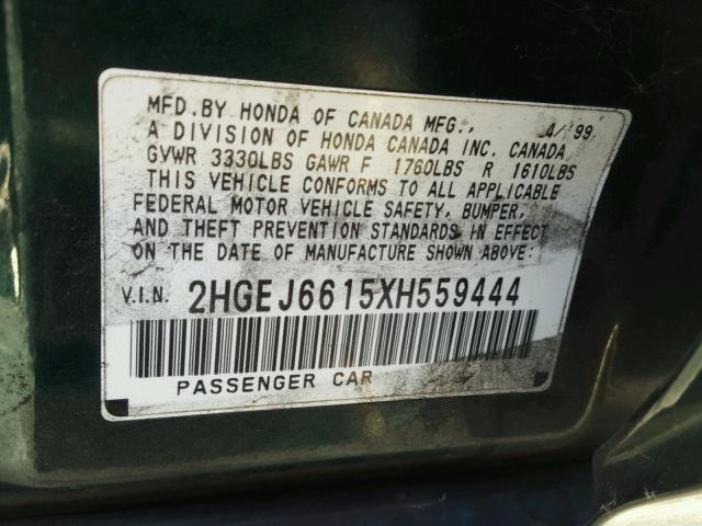 2HGEJ6615XH559444 - 1999 HONDA CIVIC BASE GREEN photo 10