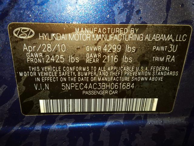 5NPEC4AC3BH061684 - 2011 HYUNDAI SONATA BLUE photo 10