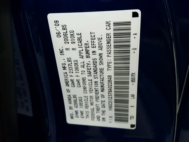 1HGCS12379A022848 - 2009 HONDA ACCORD LX BLUE photo 10