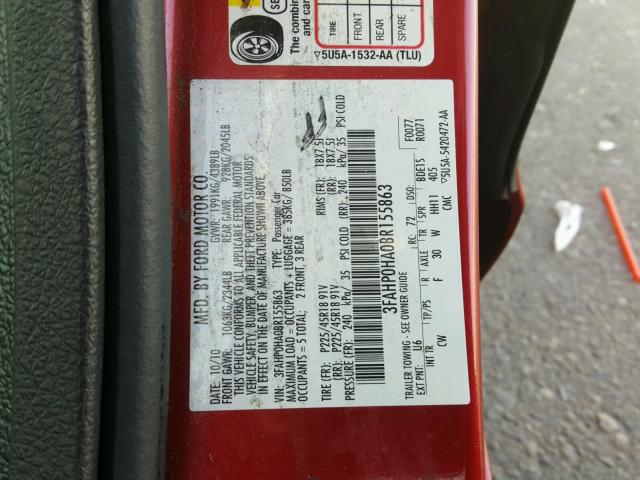 3FAHP0HA0BR155863 - 2011 FORD FUSION SE RED photo 10