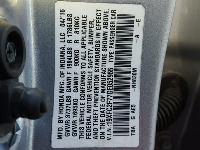 19XFC2F77GE052955 - 2016 HONDA CIVIC EX ვერცხლისფერი ფოტო 10