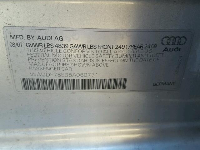 WAUDF78E38A060771 - 2008 AUDI A4 2.0T QU SILVER photo 10