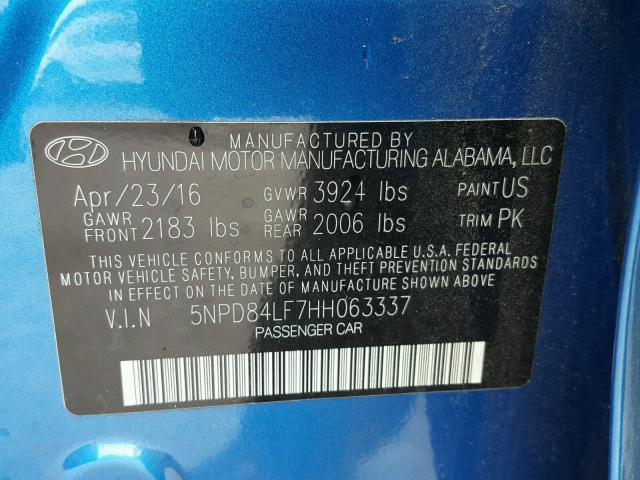 5NPD84LF7HH063337 - 2017 HYUNDAI ELANTRA SE BLUE photo 10