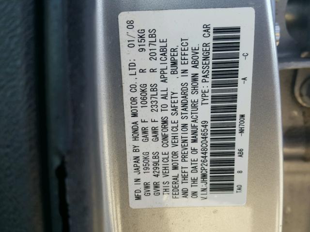 JHMCP26448C046549 - 2008 HONDA ACCORD LXP SILVER photo 10