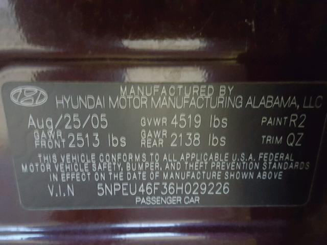 5NPEU46F36H029226 - 2006 HYUNDAI SONATA GLS BURGUNDY photo 10