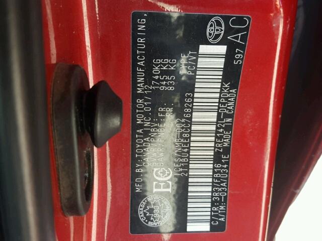 2T1BU4EE8CC768263 - 2012 TOYOTA COROLLA BA RED photo 10