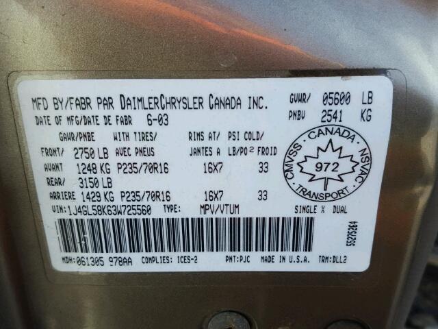 1J4GL58K63W725560 - 2003 JEEP LIBERTY LI BEIGE photo 10