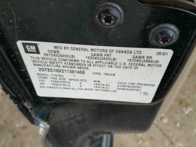 2GTEC19V211381468 - 2001 GMC NEW SIERRA GREEN photo 10