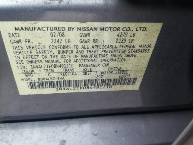 1N4AL21E08N491210 - 2008 NISSAN ALTIMA 2.5 GRAY photo 10