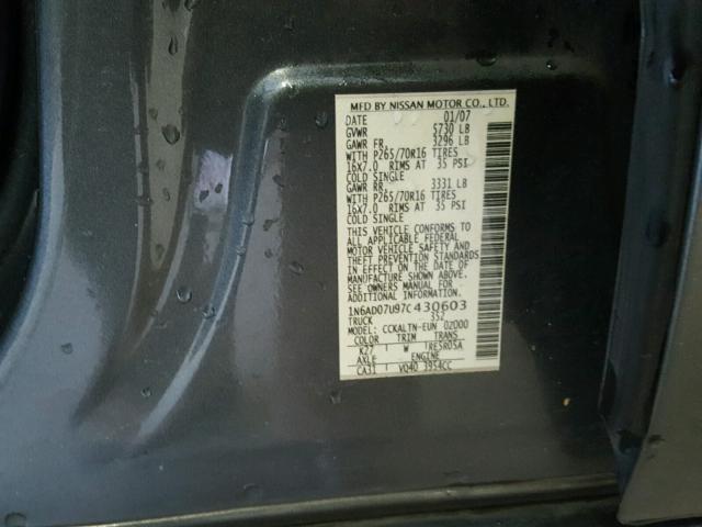 1N6AD07U97C430603 - 2007 NISSAN FRONTIER C GRAY photo 10