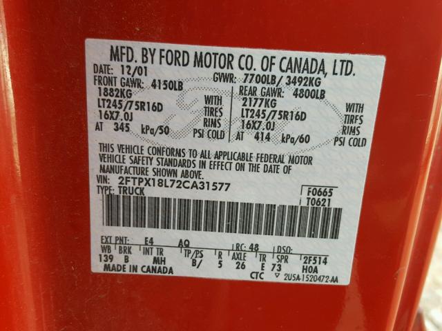 2FTPX18L72CA31577 - 2002 FORD F150 RED photo 10