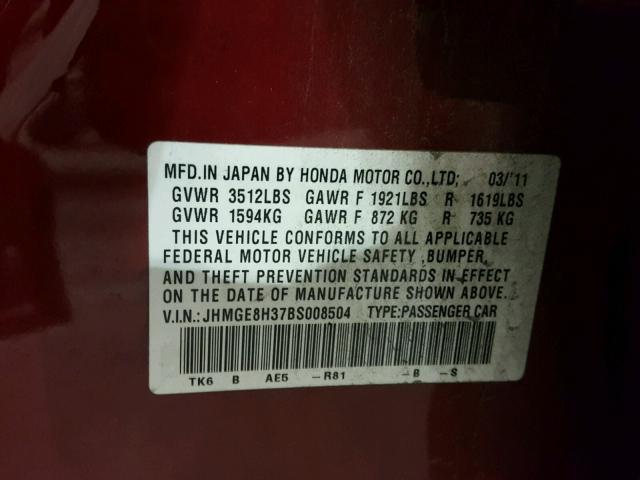 JHMGE8H37BS008504 - 2011 HONDA FIT RED photo 10