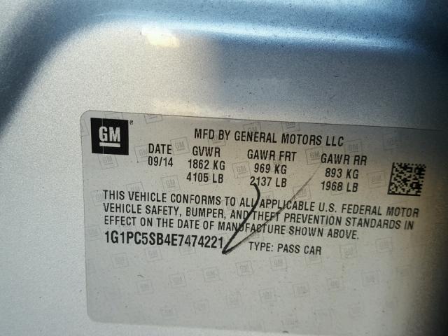 1G1PC5SB4E7474221 - 2014 CHEVROLET CRUZE LT SILVER photo 10