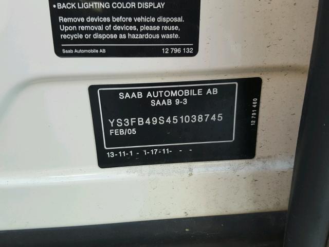 YS3FB49S451038745 - 2005 SAAB 9-3 LINEAR WHITE photo 10