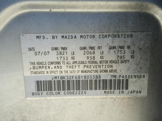 JM1BK32F681803388 - 2008 MAZDA 3 I SILVER photo 10