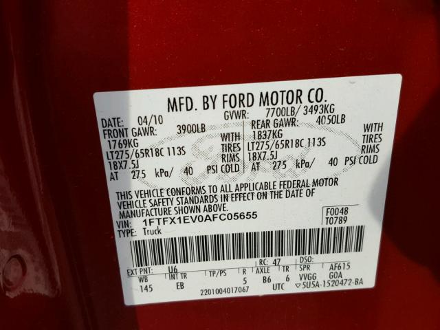 1FTFX1EV0AFC05655 - 2010 FORD F150 SUPER MAROON photo 10