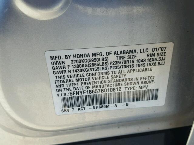 5FNYF18657B010812 - 2007 HONDA PILOT EXL SILVER photo 10