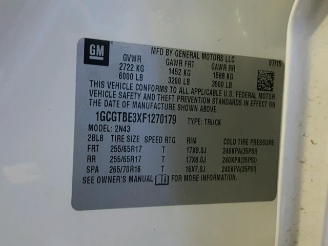 1GCGTBE3XF1270179 - 2015 CHEVROLET COLORADO L WHITE photo 10