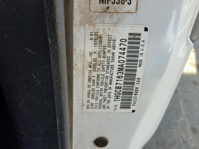 1HGCB7163MA074470 - 1991 HONDA ACCORD EX WHITE photo 10