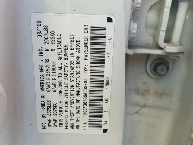 1HGCP36839A039293 - 2009 HONDA ACCORD EXL WHITE photo 10