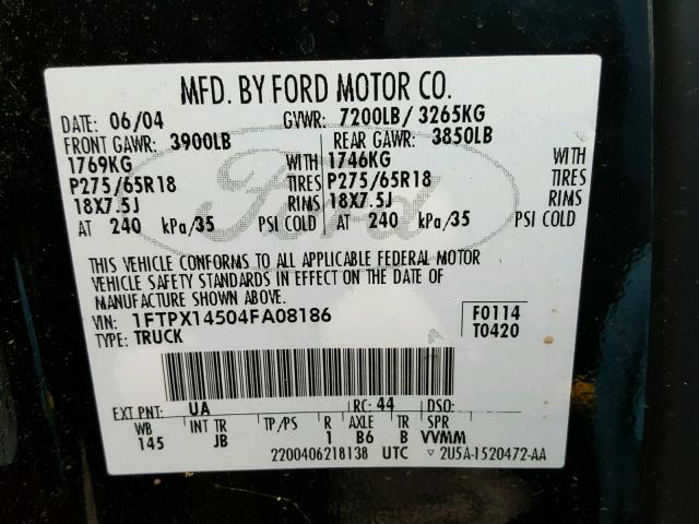 1FTPX14504FA08186 - 2004 FORD F150 BLACK photo 10