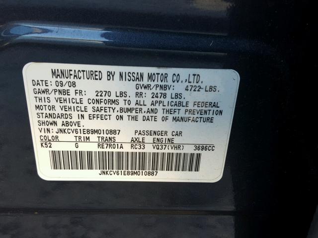 JNKCV61E89M010887 - 2009 INFINITI G37 BASE GRAY photo 10