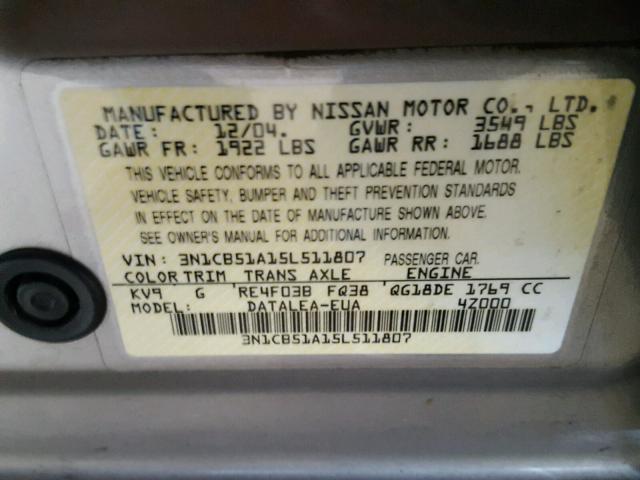 3N1CB51A15L511807 - 2005 NISSAN SENTRA 1.8 SILVER photo 10