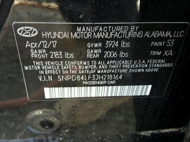 5NPD84LF3JH218164 - 2018 HYUNDAI ELANTRA SE BLACK photo 10