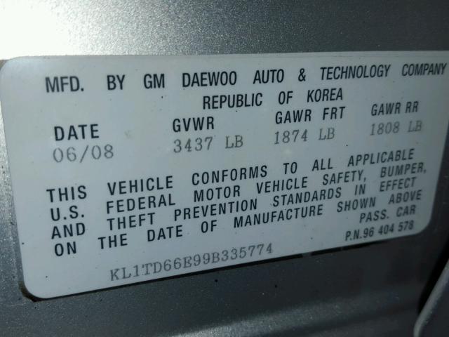 KL1TD66E99B335774 - 2009 CHEVROLET AVEO LS SILVER photo 10