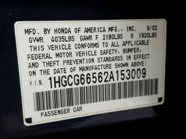 1HGCG66562A153009 - 2002 HONDA ACCORD LX BLUE photo 10