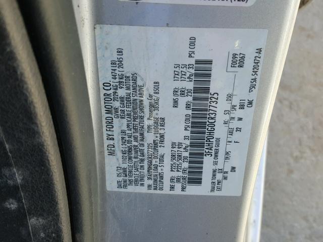 3FAHP0HG0CR377325 - 2012 FORD FUSION SE GRAY photo 10