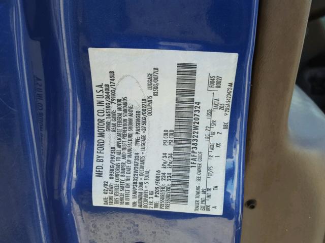 1FAFP38322W207324 - 2002 FORD FOCUS ZTS BLUE photo 10