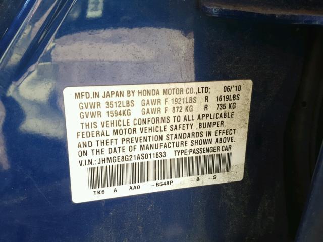 JHMGE8G21AS011633 - 2010 HONDA FIT BLUE photo 10