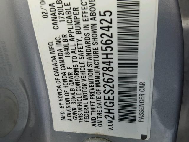 2HGES26784H562425 - 2004 HONDA CIVIC EX 银色 照片 10