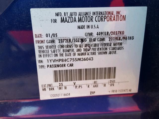 1YVHP84C755M36043 - 2005 MAZDA 6 I BLUE photo 10