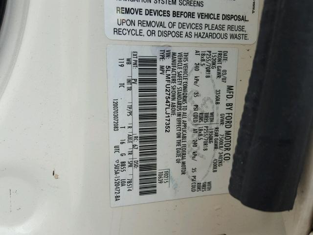 5LMFU27547LJ17352 - 2007 LINCOLN NAVIGATOR 白色 照片 10